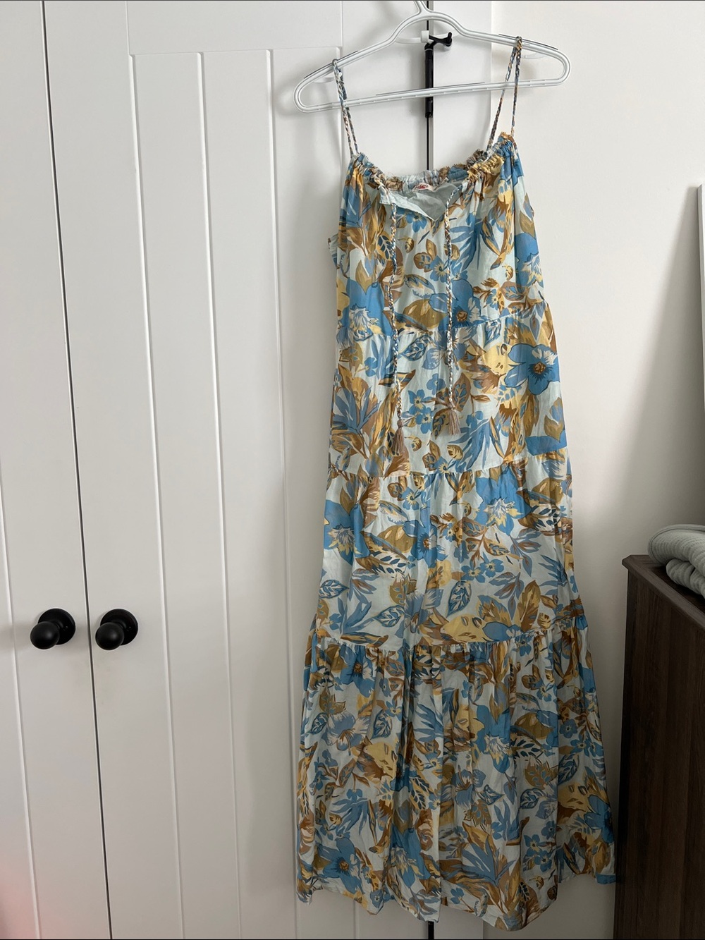 Faherty Blue and Mustard Floral Maxi Dress with rope tie & straps